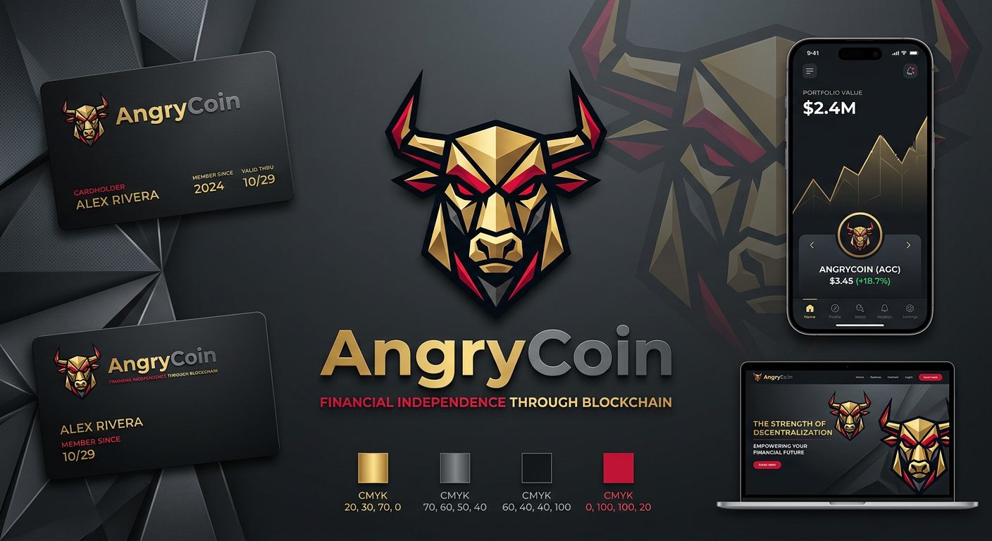AngryCoin brand board — gold geometric bull, cards and app on black